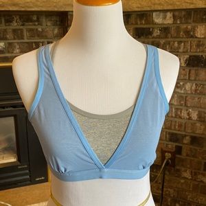 AERIE bralette racer back sports bra. Light gray under and sheer blue on top. L